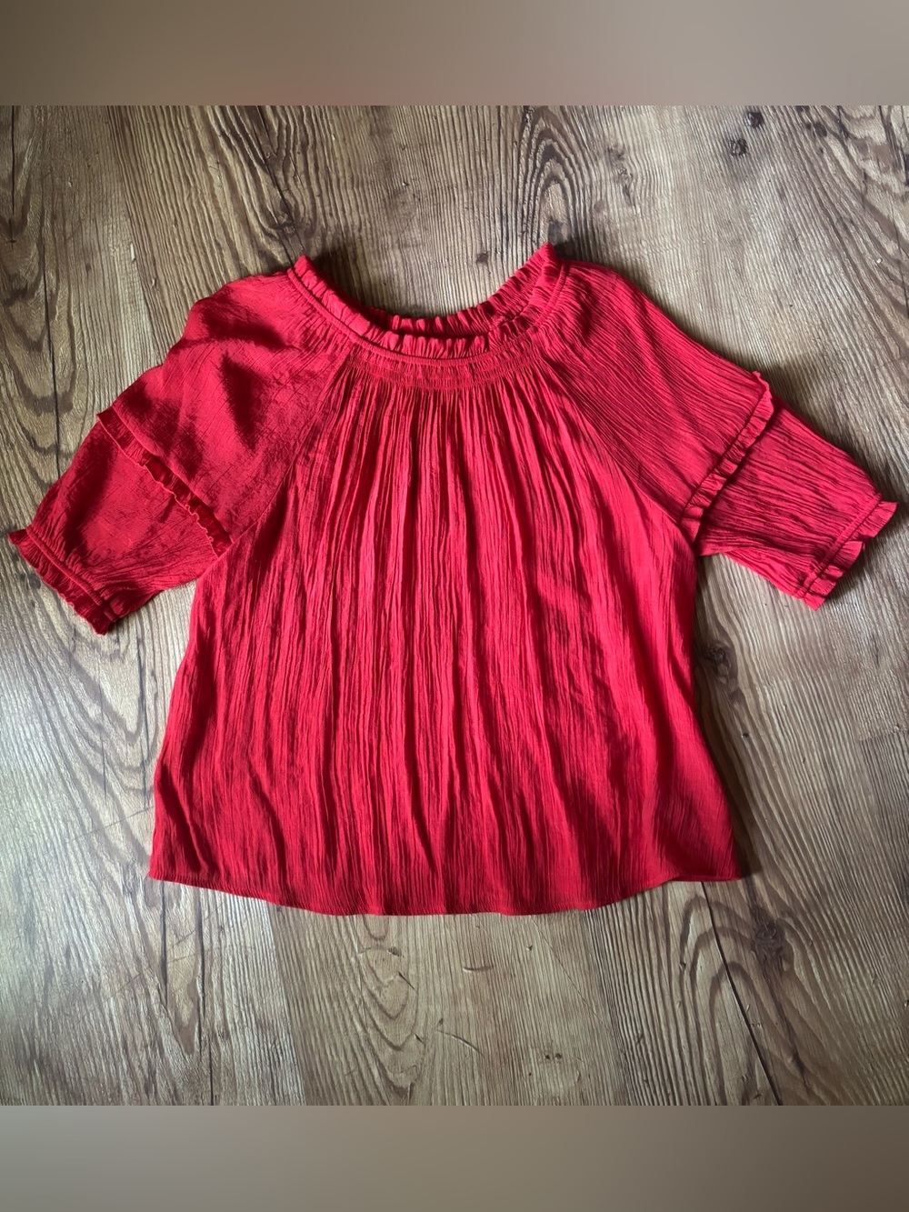 Nannette Bright Red Crinkled Peasant Blouse